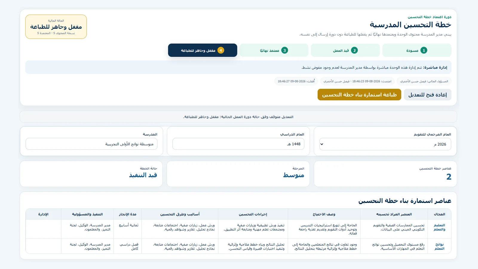 واجهة خطة التحسين وفق الممارسات الإشرافية